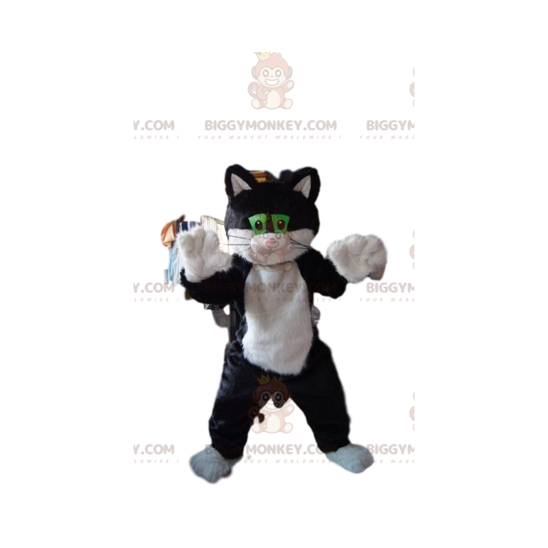 BIGGYMONKEY™ Mascot Costume Black and White Cat with Green Eyes