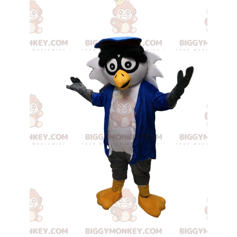 BIGGYMONKEY™ mascot costume of gray owls with a blue jacket.