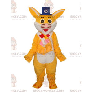 Traje de mascote BIGGYMONKEY™ gato amarelo com chapéu azul –