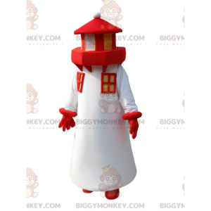 Costume de mascotte BIGGYMONKEY™ de phare blanc et rouge.