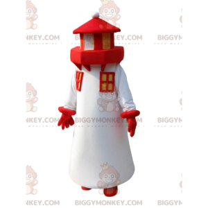 Traje de mascote BIGGYMONKEY™ do farol branco e vermelho. traje