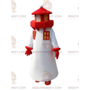 Costume de mascotte BIGGYMONKEY™ de phare blanc et rouge.