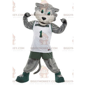 Traje de mascote BIGGYMONKEY™ gato cinza e branco em roupas