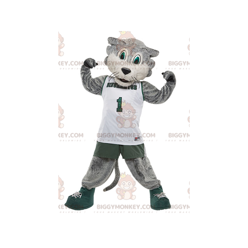 BIGGYMONKEY™ Mascot Costume Gray and White Cat In Sportswear -