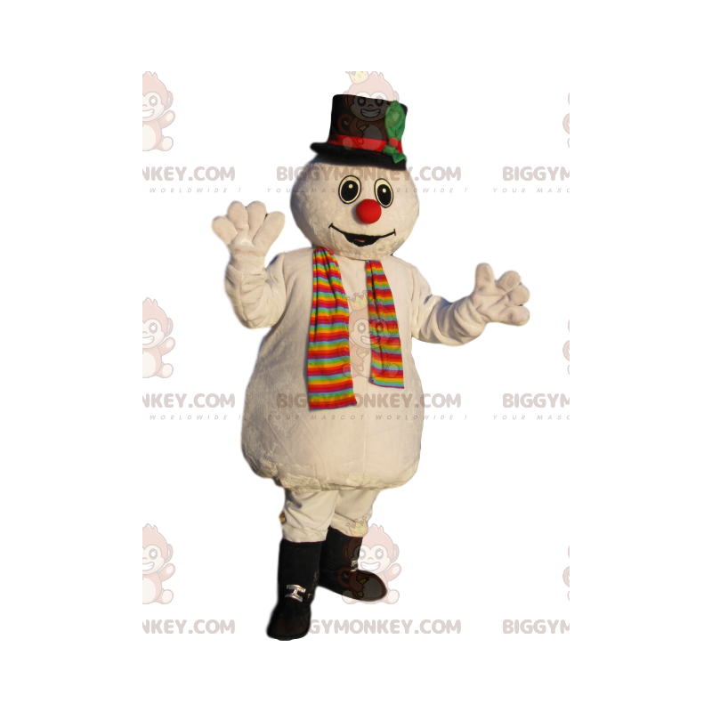 BIGGYMONKEY™ Sneeuwman-mascottekostuum met zwarte hoed -