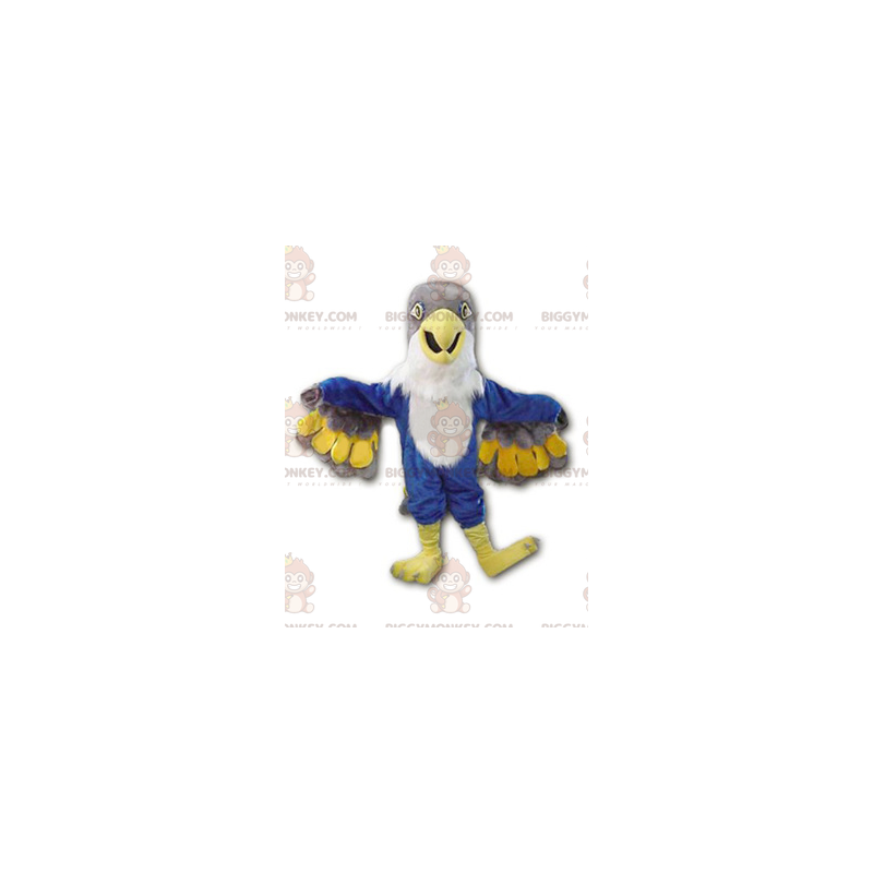 Traje de mascote de águia pássaro azul cinza e branco