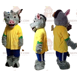 Traje de mascote BIGGYMONKEY™ Javali cinza com camisa amarela e