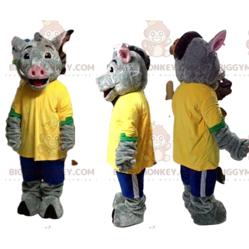 BIGGYMONKEY™ Mascottekostuum grijs zwijn met gele jersey en