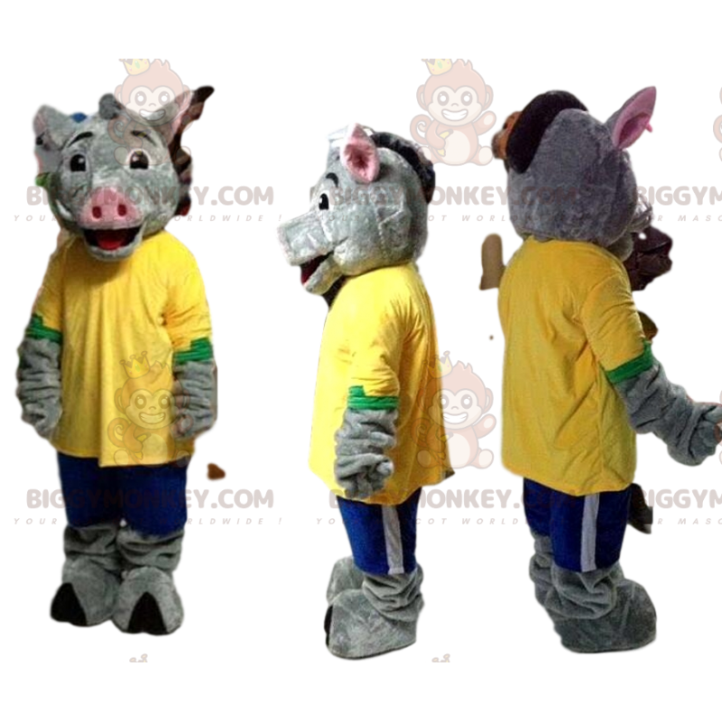 Disfraz de mascota BIGGYMONKEY™ jabalí gris con jersey amarillo