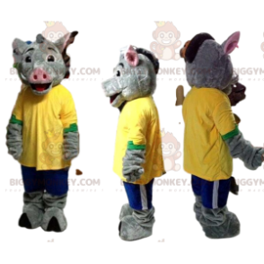BIGGYMONKEY™ Maskottchenkostüm Graues Wildschwein mit gelbem