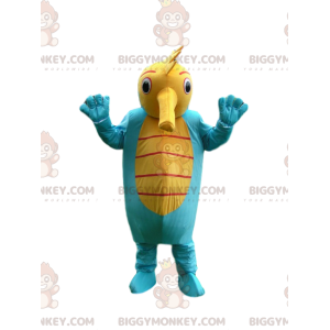 Costume de mascotte BIGGYMONKEY™ d'hippocampe bleu et jaune.