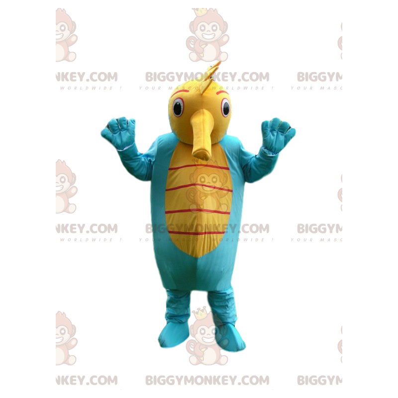 Costume de mascotte BIGGYMONKEY™ d'hippocampe bleu et jaune.