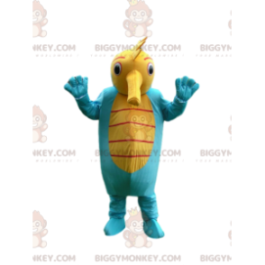 Traje de mascote BIGGYMONKEY™ de cavalo marinho azul e amarelo.