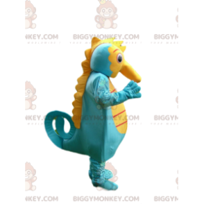 Traje de mascote BIGGYMONKEY™ de cavalo marinho azul e amarelo.