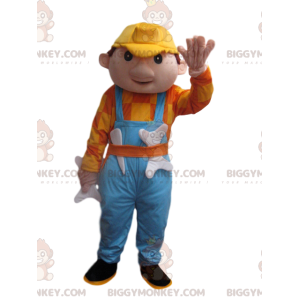 Mens BIGGYMONKEY™ Mascot Costume with Blue Overalls and Yellow