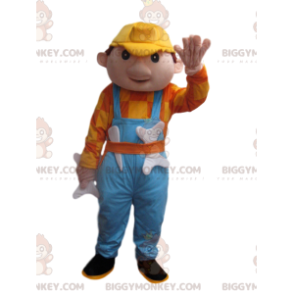 Mens BIGGYMONKEY™ Mascot Costume with Blue Overalls and Yellow