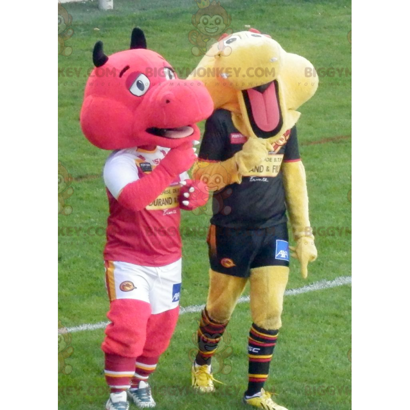 2 mascotes de dragão BIGGYMONKEY™s um vermelho e outro amarelo