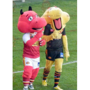 2 mascotes de dragão BIGGYMONKEY™s um vermelho e outro amarelo