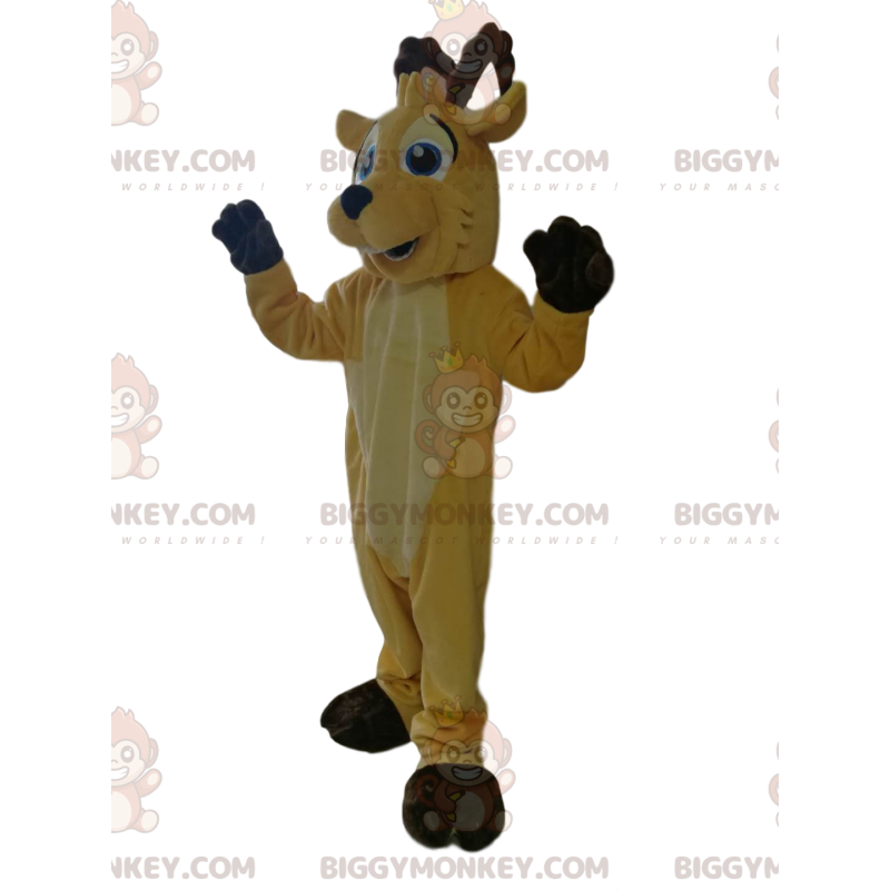 BIGGYMONKEY™ costume mascotte di cervo giallo molto sorridente