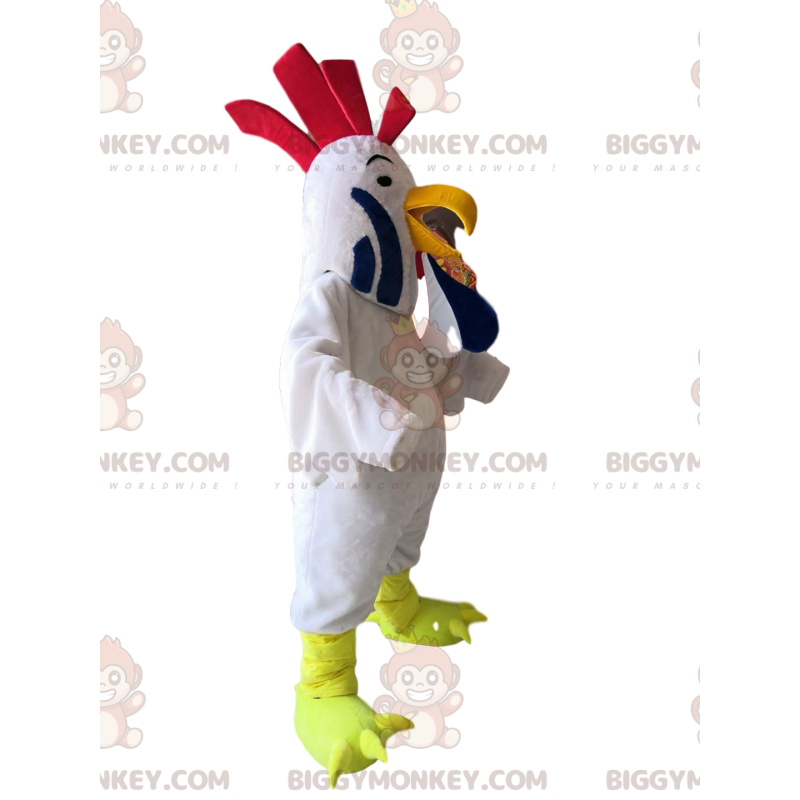 BIGGYMONKEY™ Mascot Costume White Rooster With Ruffling Red