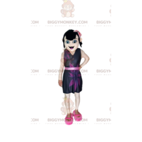 Καφέ Κοστούμι μασκότ BIGGYMONKEY™ για κορίτσι με μωβ φόρεμα -