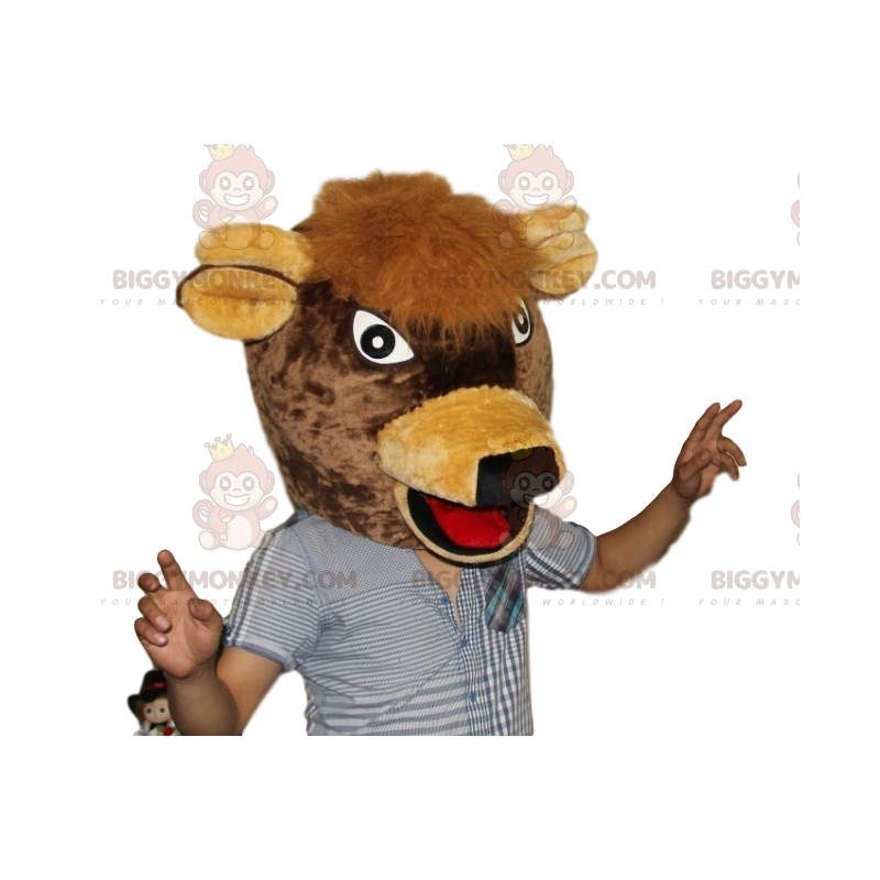 Very Happy Brown Cow Head BIGGYMONKEY™ Mascot Costume –