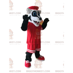 Funny Badger BIGGYMONKEY™ mascottekostuum met rode sportkleding