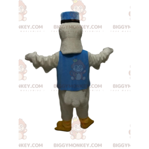 Traje de mascote de cisne branco BIGGYMONKEY™ com kepi azul e