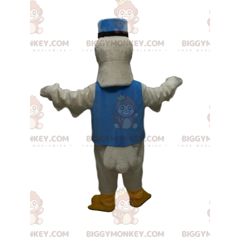 Traje de mascote de cisne branco BIGGYMONKEY™ com kepi azul e