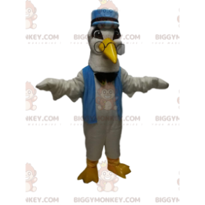 Traje de mascote de cisne branco BIGGYMONKEY™ com kepi azul e