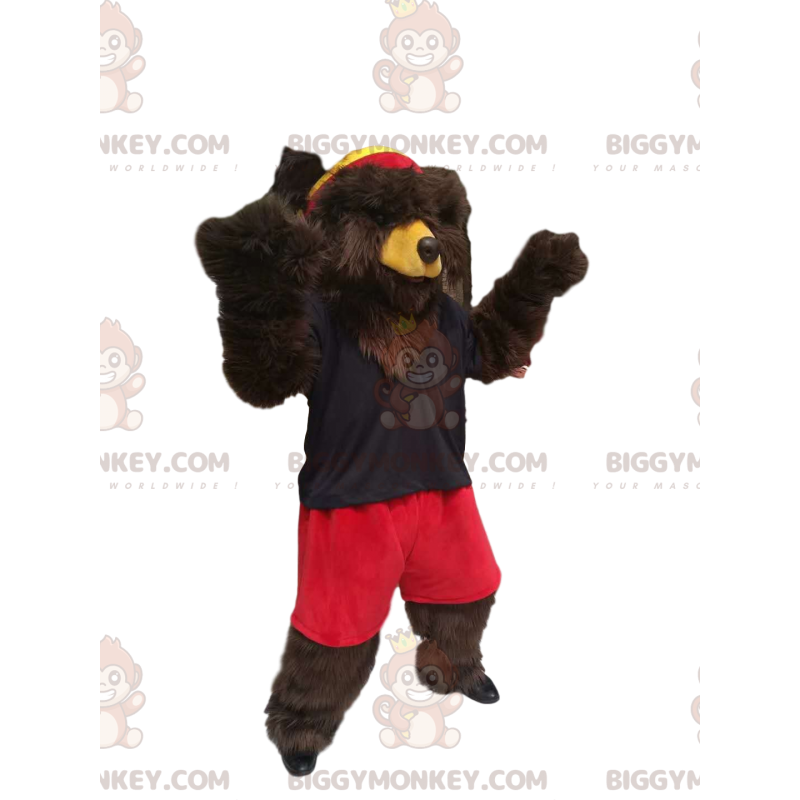 Braunbär BIGGYMONKEY™ Maskottchen-Kostüm mit roten Shorts und
