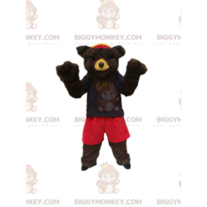 Brun björn BIGGYMONKEY™ maskotdräkt med röda shorts och