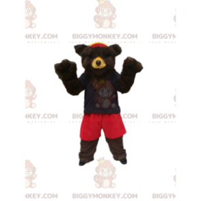 Traje de mascote de urso pardo BIGGYMONKEY™ com short vermelho