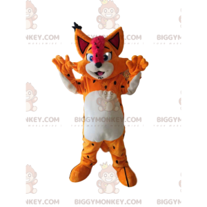 Traje de mascote BIGGYMONKEY™ de um lince laranja sorridente