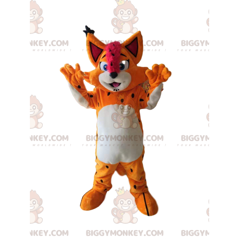 Traje de mascote BIGGYMONKEY™ de um lince laranja sorridente