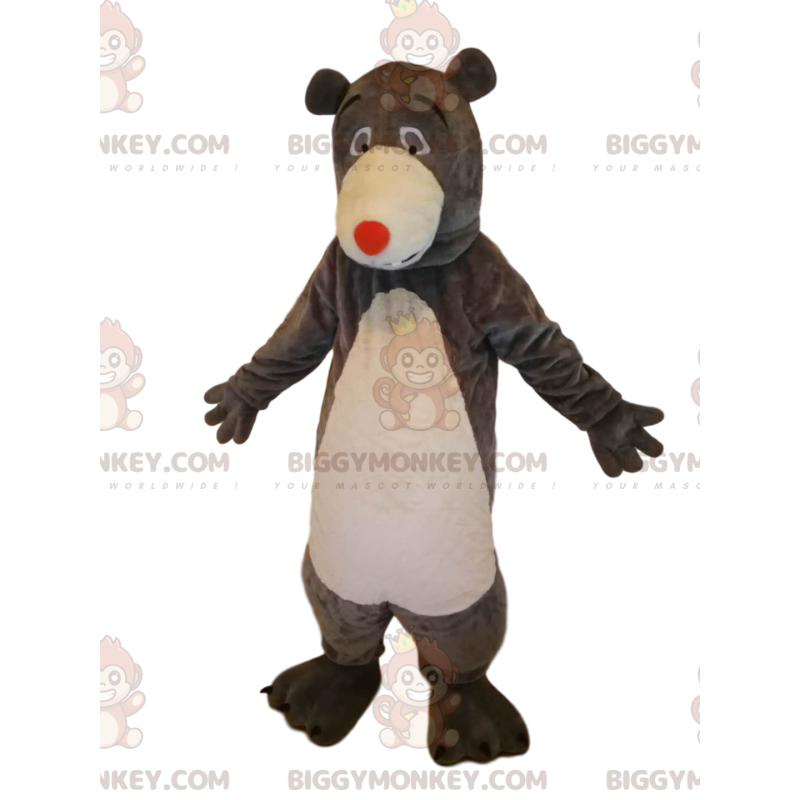 BIGGYMONKEY™ maskotdräkt av brunbjörn med röd näsa. Björnen