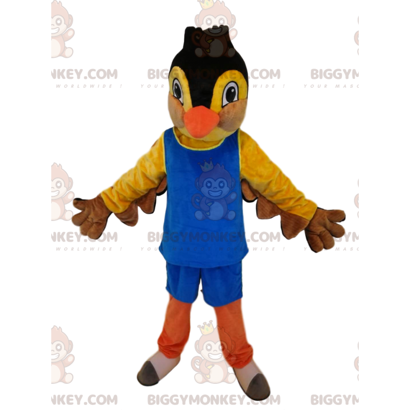BIGGYMONKEY™ mascot costume of yellow and black bird, in blue