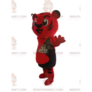 Disfraz de mascota BIGGYMONKEY™ de tigre rojo y negro muy feliz