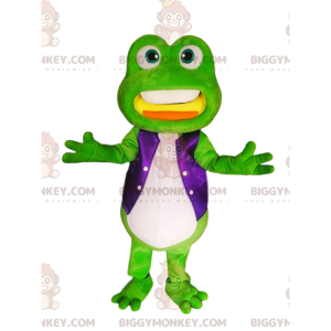 Grüner Frosch BIGGYMONKEY™ Maskottchenkostüm mit violetter