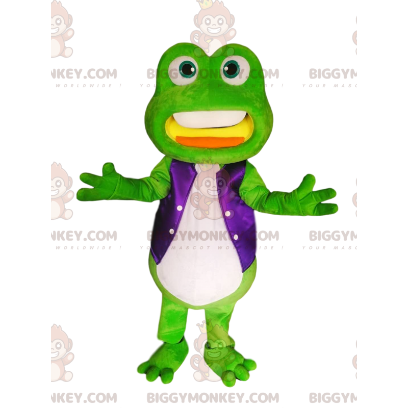 Green Frog BIGGYMONKEY™ Mascot Costume with Purple Satin Jacket