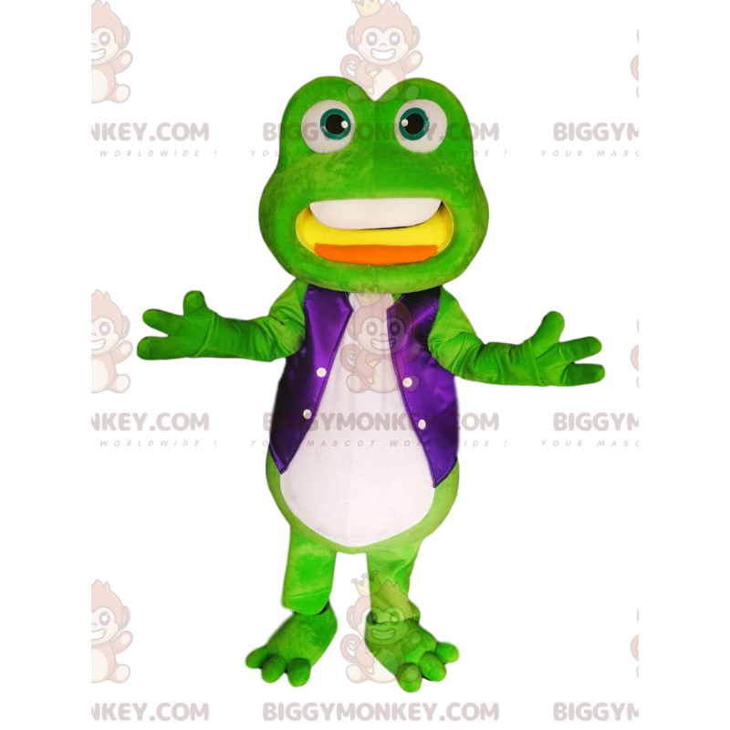Kostium maskotka zielona żaba BIGGYMONKEY™ z fioletową satynową
