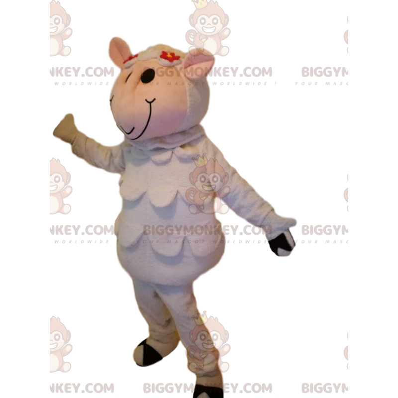 Traje de mascote BIGGYMONKEY™ de ovelha branca engraçada e