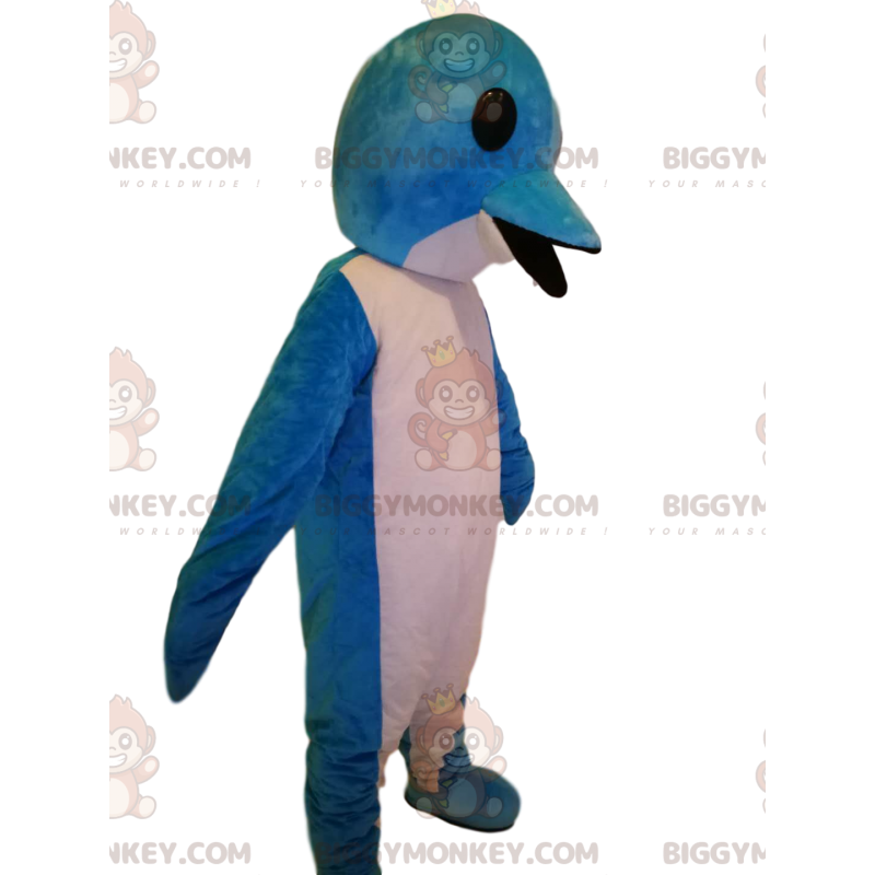 Traje de mascote super engraçado de golfinho branco e azul