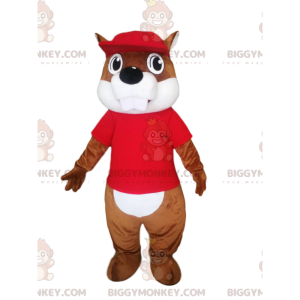 Beaver BIGGYMONKEY™ Mascot Costume with Red Jersey and Cap –