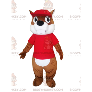 Disfraz de mascota Castor BIGGYMONKEY™ con jersey rojo y gorra