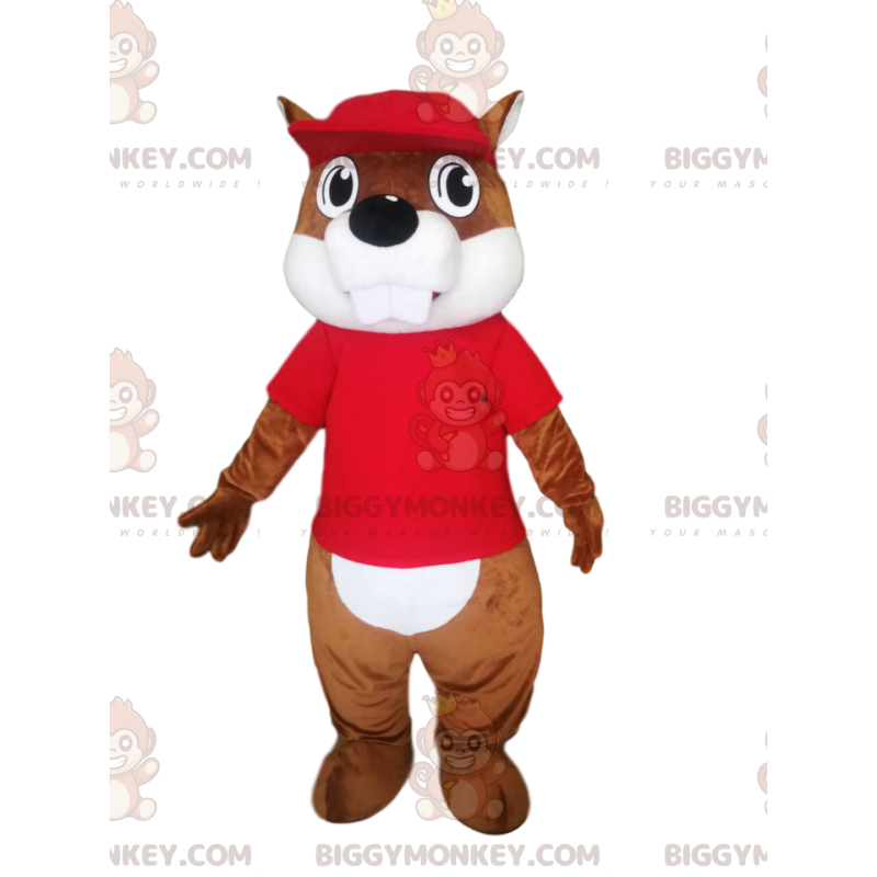 Beaver BIGGYMONKEY™ mascottekostuum met rode trui en pet -