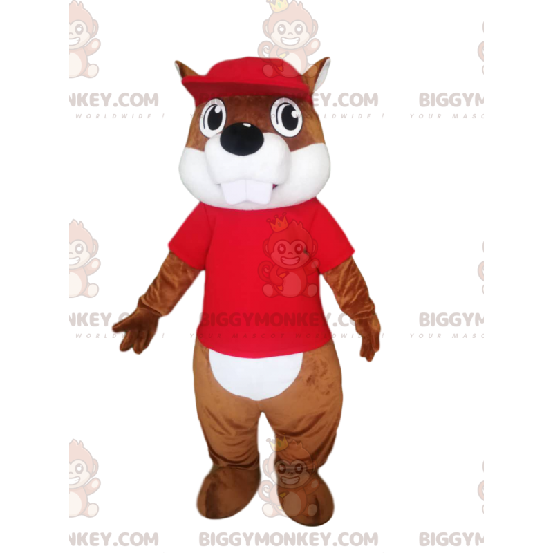 Στολή μασκότ Beaver BIGGYMONKEY™ με κόκκινη φανέλα και καπέλο -