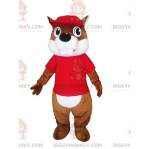 Beaver BIGGYMONKEY™ mascottekostuum met rode trui en pet -