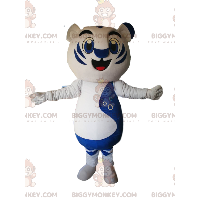 BIGGYMONKEY™ maskottiasu valkoisesta ja sinisestä tiikereistä