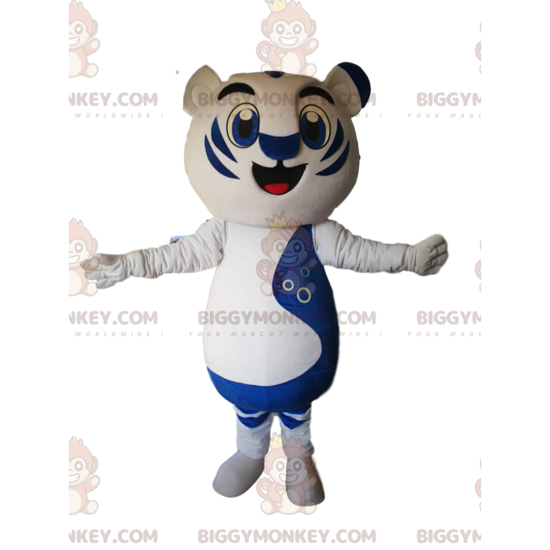 Traje de mascote BIGGYMONKEY™ de tigre branco e azul com